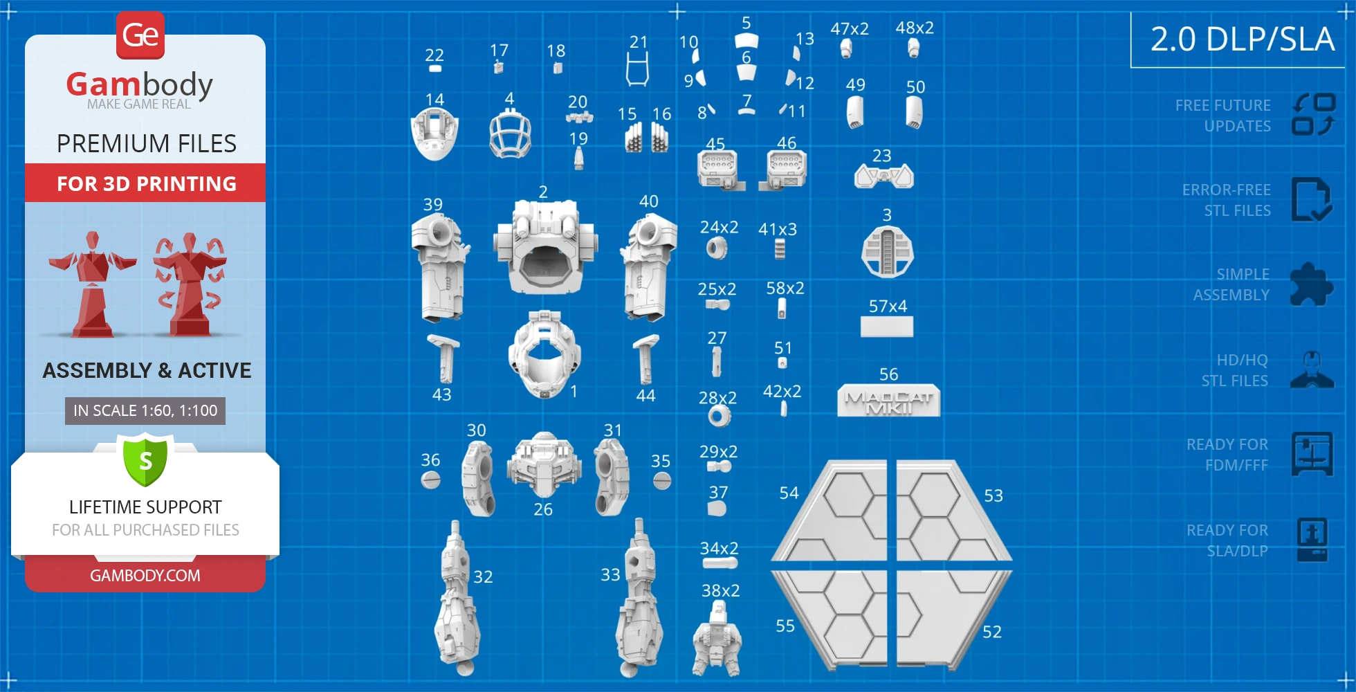 Blueprint showing 3D print parts for Mad Cat MkII Mech, labeled for assembly on a grid background.