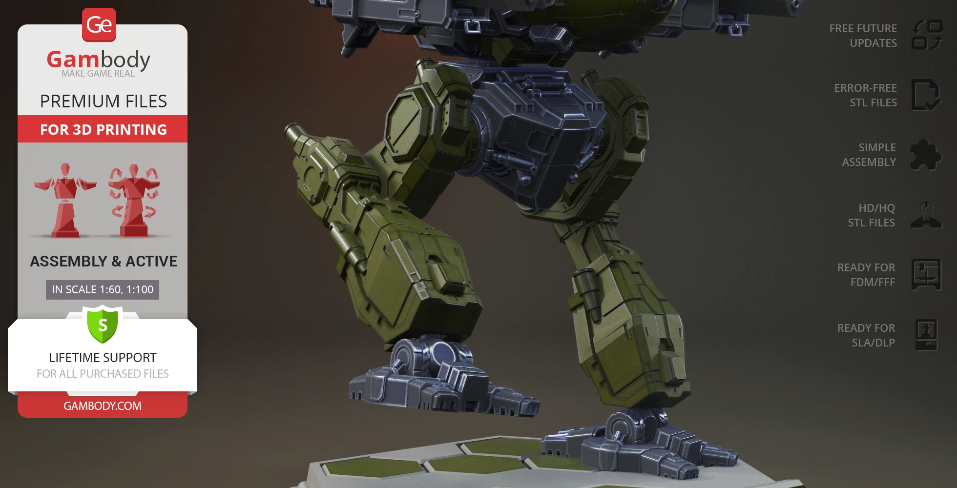 A detailed 3D model of a mech's lower body and legs on a hexagonal base for printing.