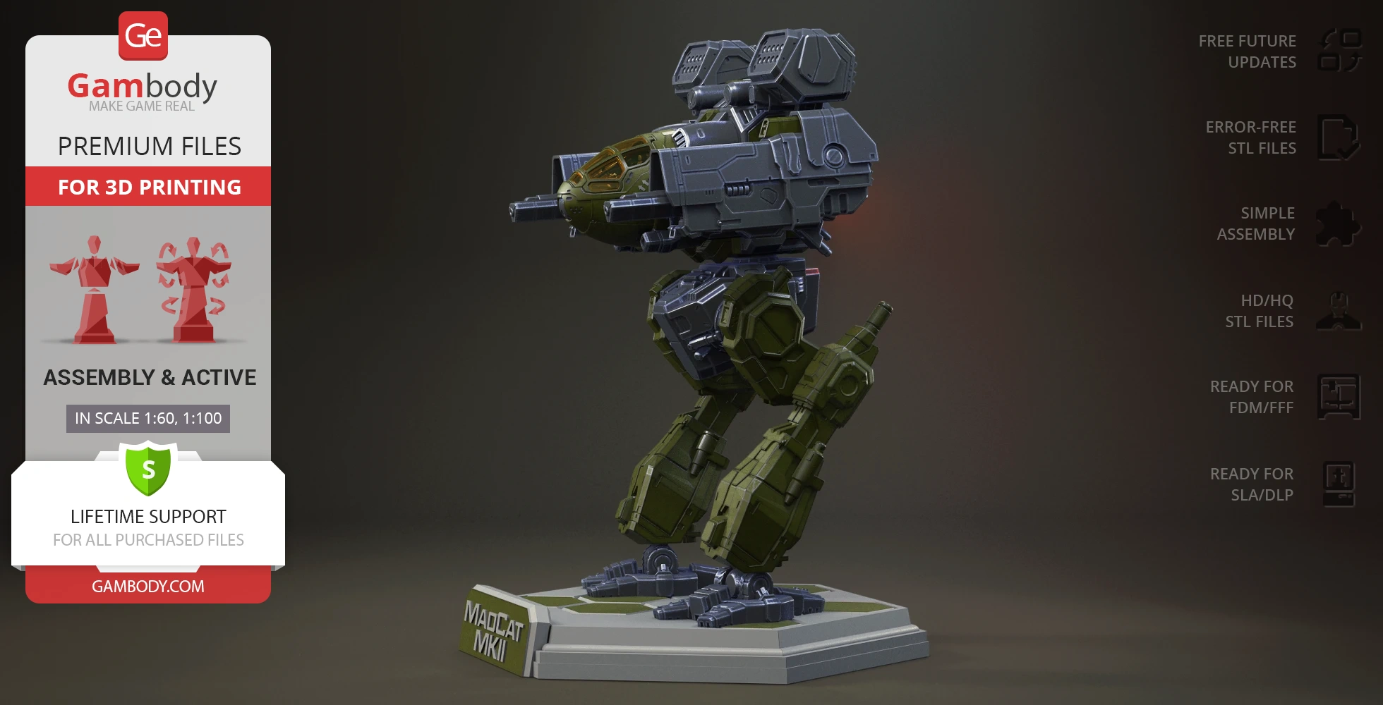3D model of a futuristic mech, Mad Cat MkII, on a display base with assembly and printing details.