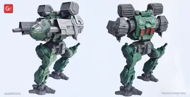 3D model of a green and gray robotic mech with dual cannons and missile launchers, viewed from front and back.