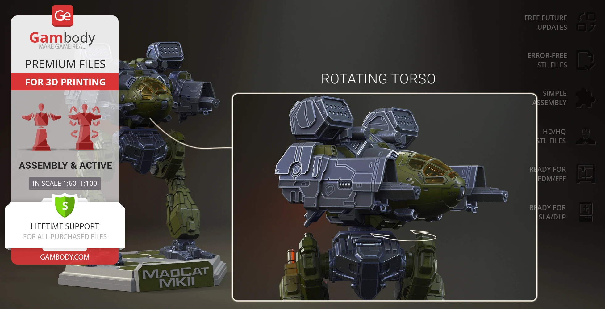 A 3D model of a Mad Cat MkII mech with rotating torso designed for 3D printing.