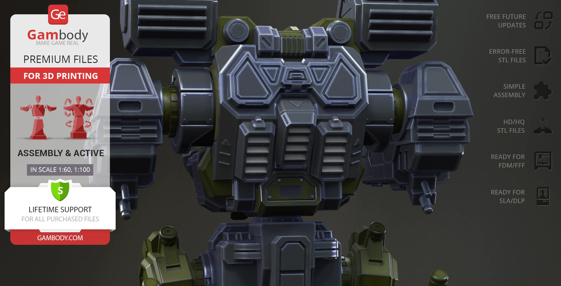 A detailed 3D model of a mech from MechWarrior, labeled for 3D printing by Gambody.