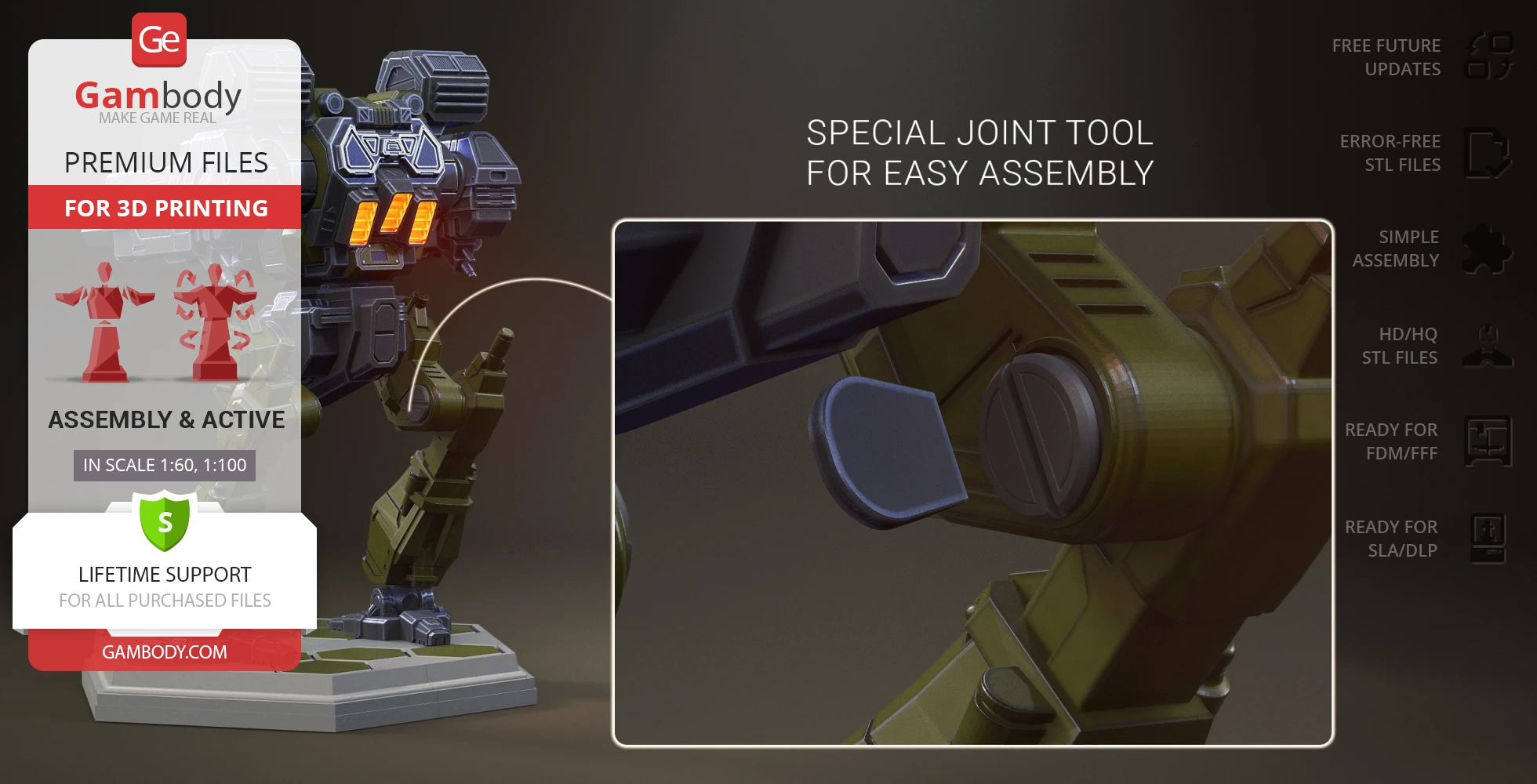 3D model of a Mad Cat MkII mech with special joint tools for easy assembly, shown on a display base.