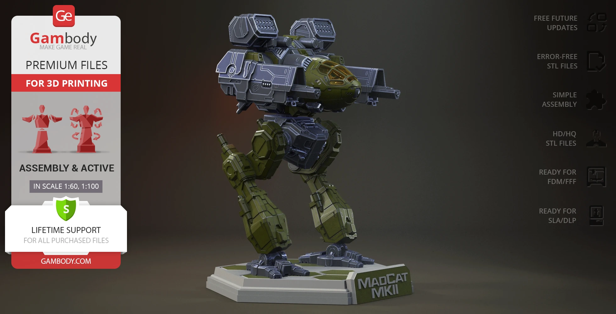 A detailed 3D model of the Mad Cat MkII mech, standing on a display base labeled 'Mad Cat MkII.'
