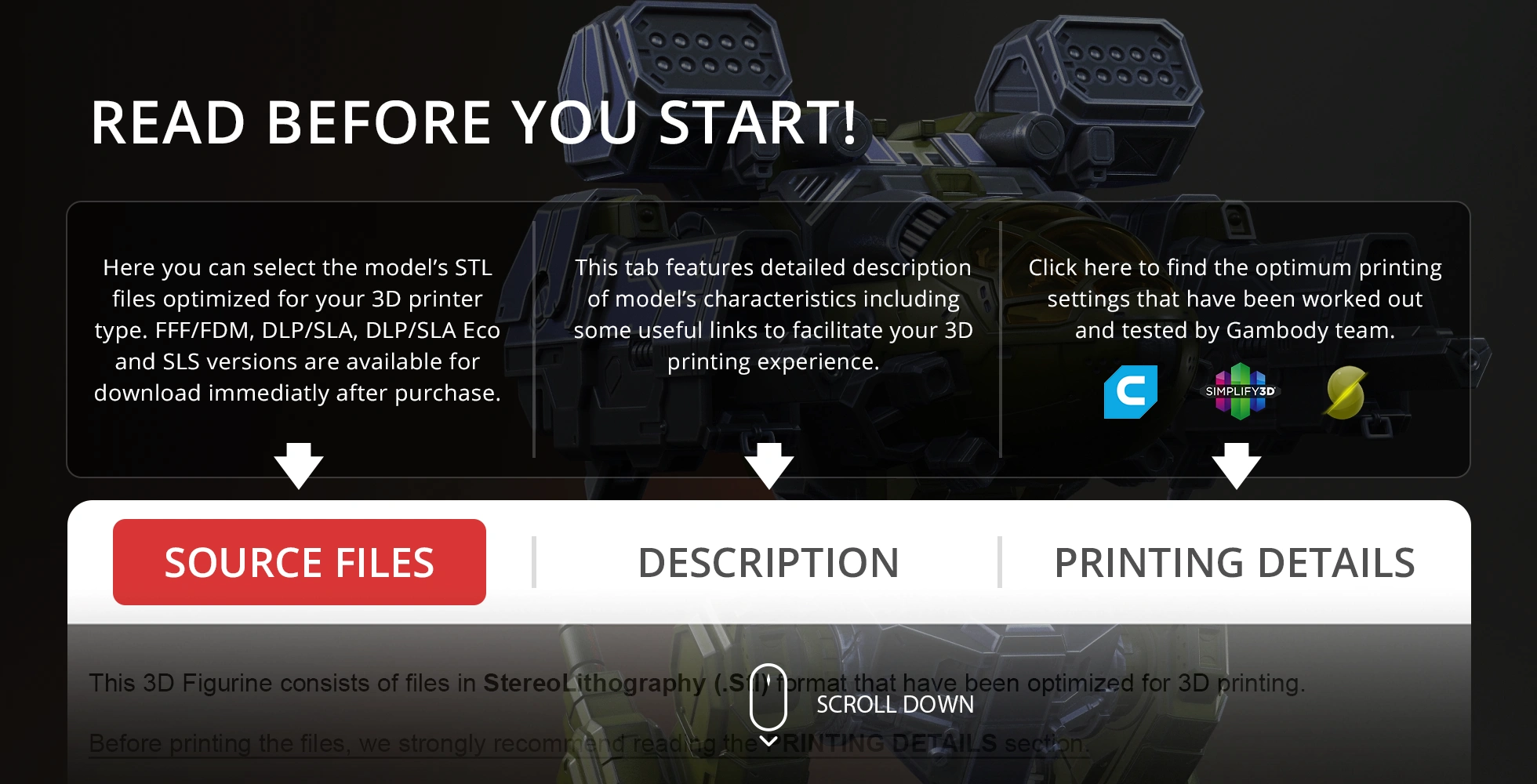 Image of a mecha model with instructions for downloading, description, and printing options.