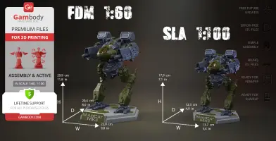 Two models of a Mad Cat MkII mech for 3D printing in FDM 1:60 and SLA 1:100 scales.