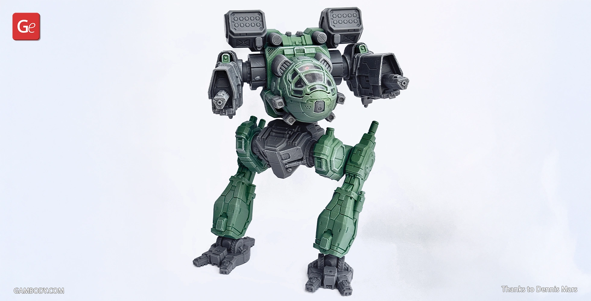 A green and gray 3D model of a Mad Cat MkII mech with prominent weaponry and sturdy legs.