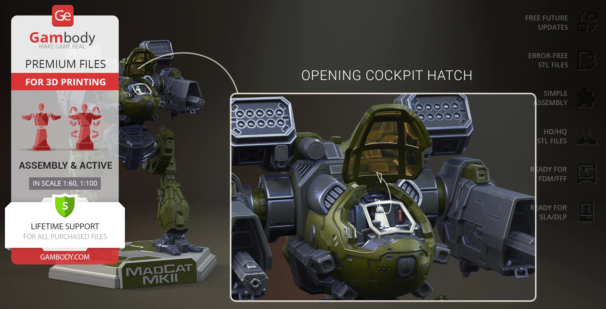 3D model of a Mad Cat MkII mech with an opening cockpit hatch, ready for 3D printing.