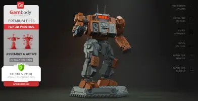 Robotic mech model with brown and gray armor, standing on a base labeled 'Highlander,' for 3D printing.