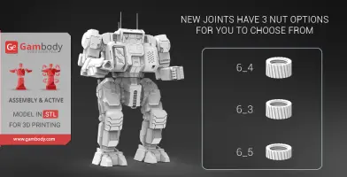 3D model of a mech robot with joint nut options for 3D printing displayed on the right.