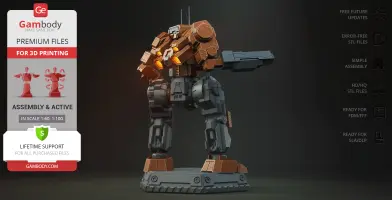 A 3D model of a detailed mech robot, standing on a base, ready for printing.