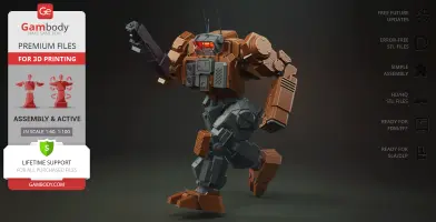 A detailed 3D model of a mech robot, posed dynamically with a raised arm, ready for 3D printing.