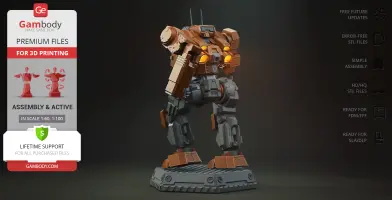 A detailed 3D model of a mech robot with intricate armor plating and glowing lights, ready for printing.