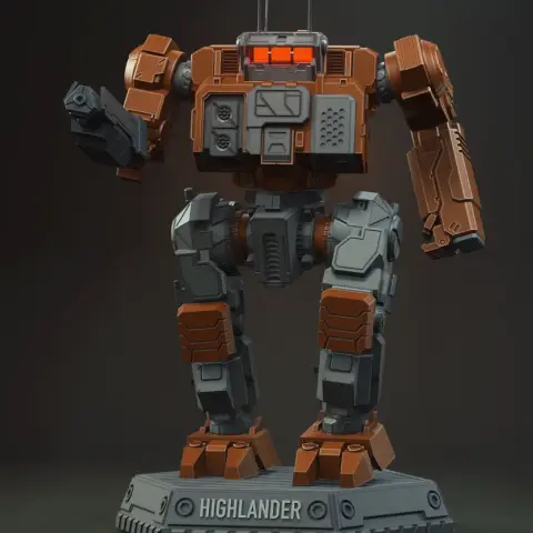 A detailed 3D model of a mech robot with angular armor, standing upright, ready for 3D printing.