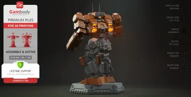 A detailed 3D model of a mech with brown and gray armor, on a platform, designed for 3D printing.