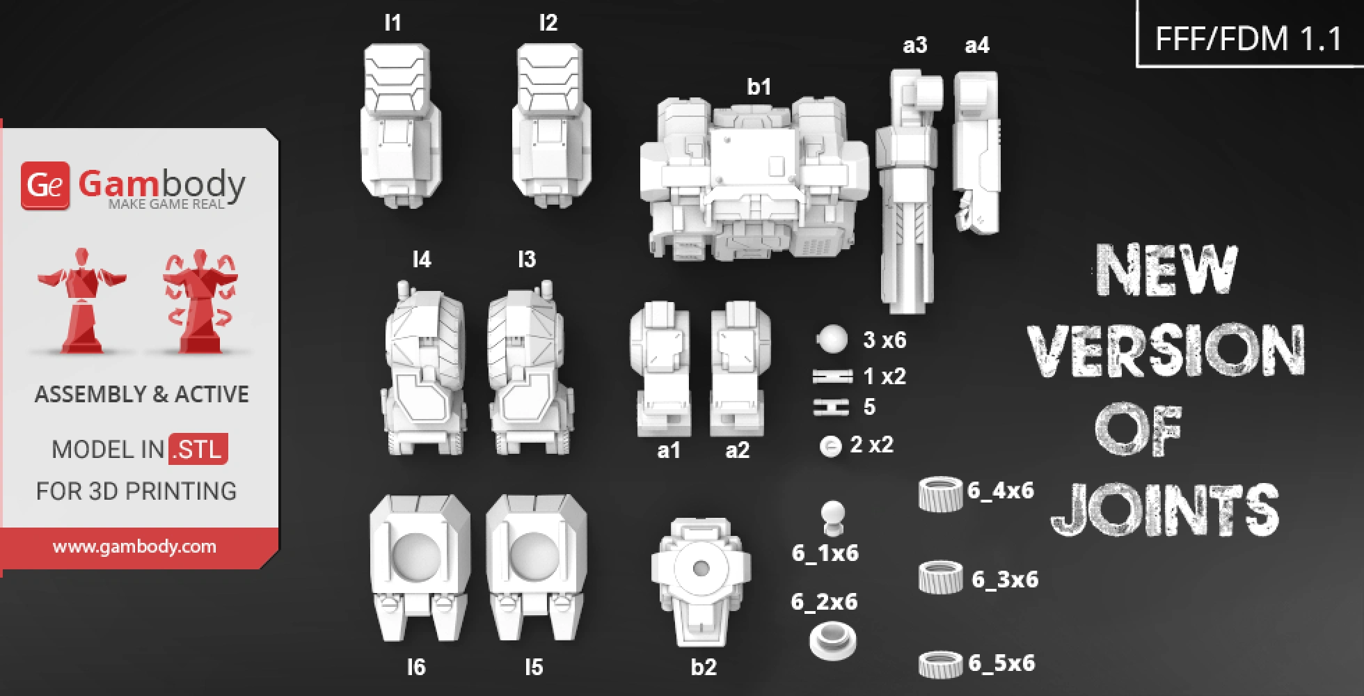 Exploded view of 3D printable MWO Highlander parts with labeled joints and components for assembly.