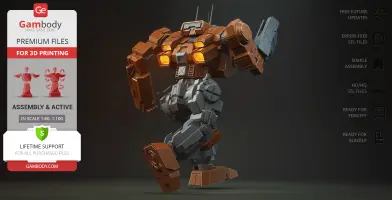 A detailed 3D model of a two-toned, heavily-armored mech robot in a dynamic pose, ready for 3D printing.