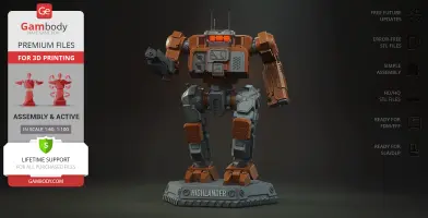 A detailed 3D model of a mech robot, 'Highlander,' with brown and gray armor, ready for 3D printing.