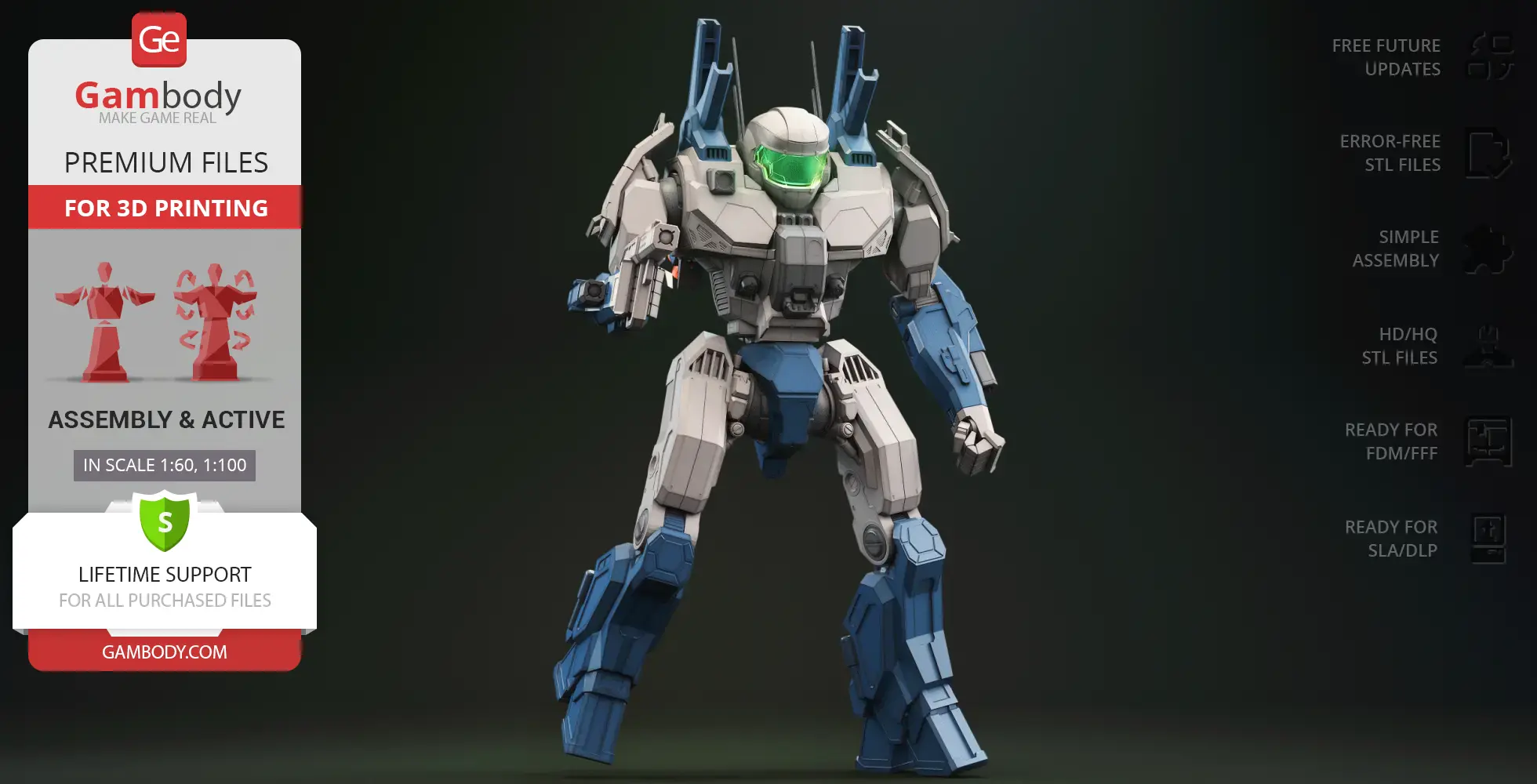 A detailed, blue and gray robotic mech model with a glowing green visor, posed for 3D printing.