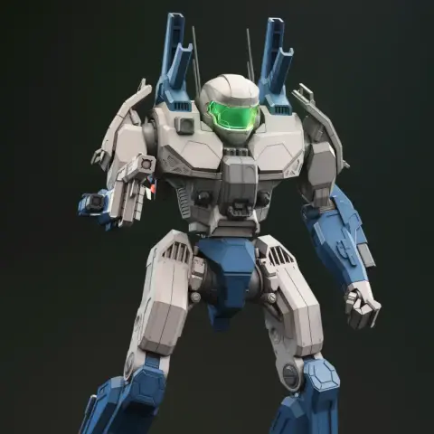 A detailed 3D model of a mech robot with intricate armor and weaponry, poised on a display stand.