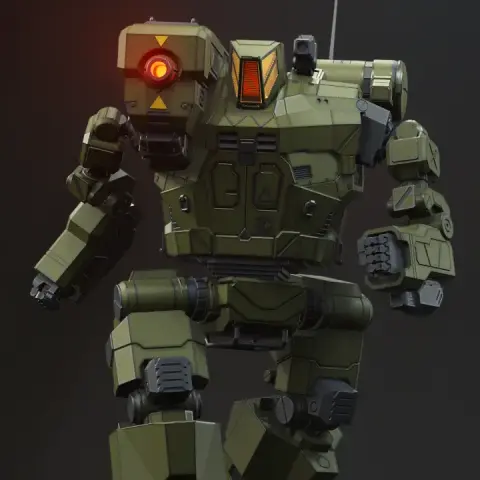 A detailed 3D-printed Hunchback BattleMech model, featuring chunky armor and robotic limbs.