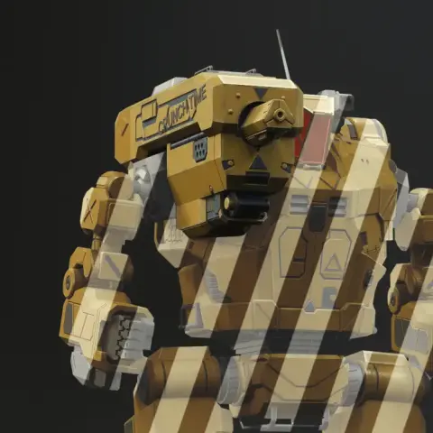 3D model of a mech with interchangeable shoulder weapons, showcasing four different designs.