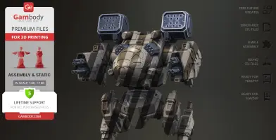 3D model of a heavily-armed mech with missile pods and cannons, designed for 3D printing.