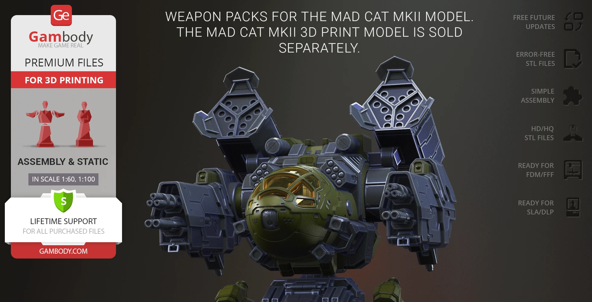 A detailed mechanical robot head with weaponry attachments for 3D printing, displayed on a Gambody advertisement.