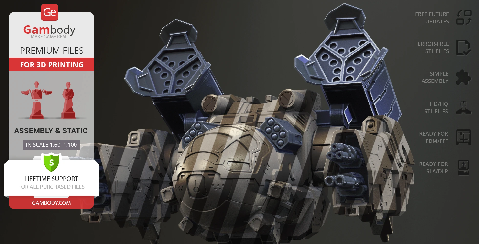 Futuristic mech model with dual missile launchers and intricate detailing, optimized for 3D printing.