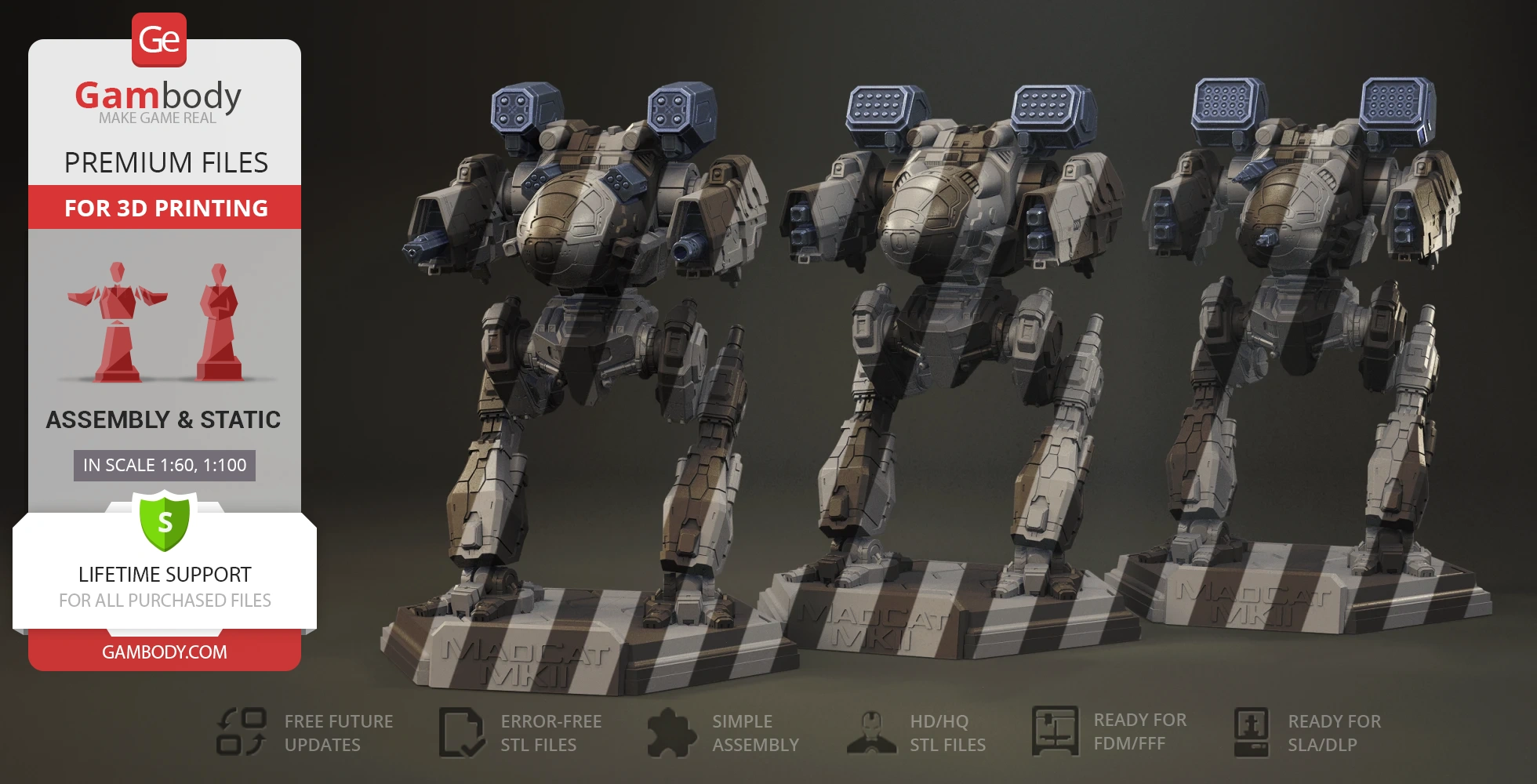 Three Mad Cat MkII mech models equipped with different weapon packs, designed for 3D printing.
