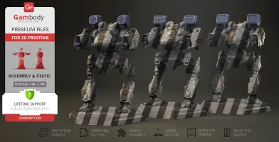 Three Mad Cat MkII mech models equipped with different weapon packs, designed for 3D printing.