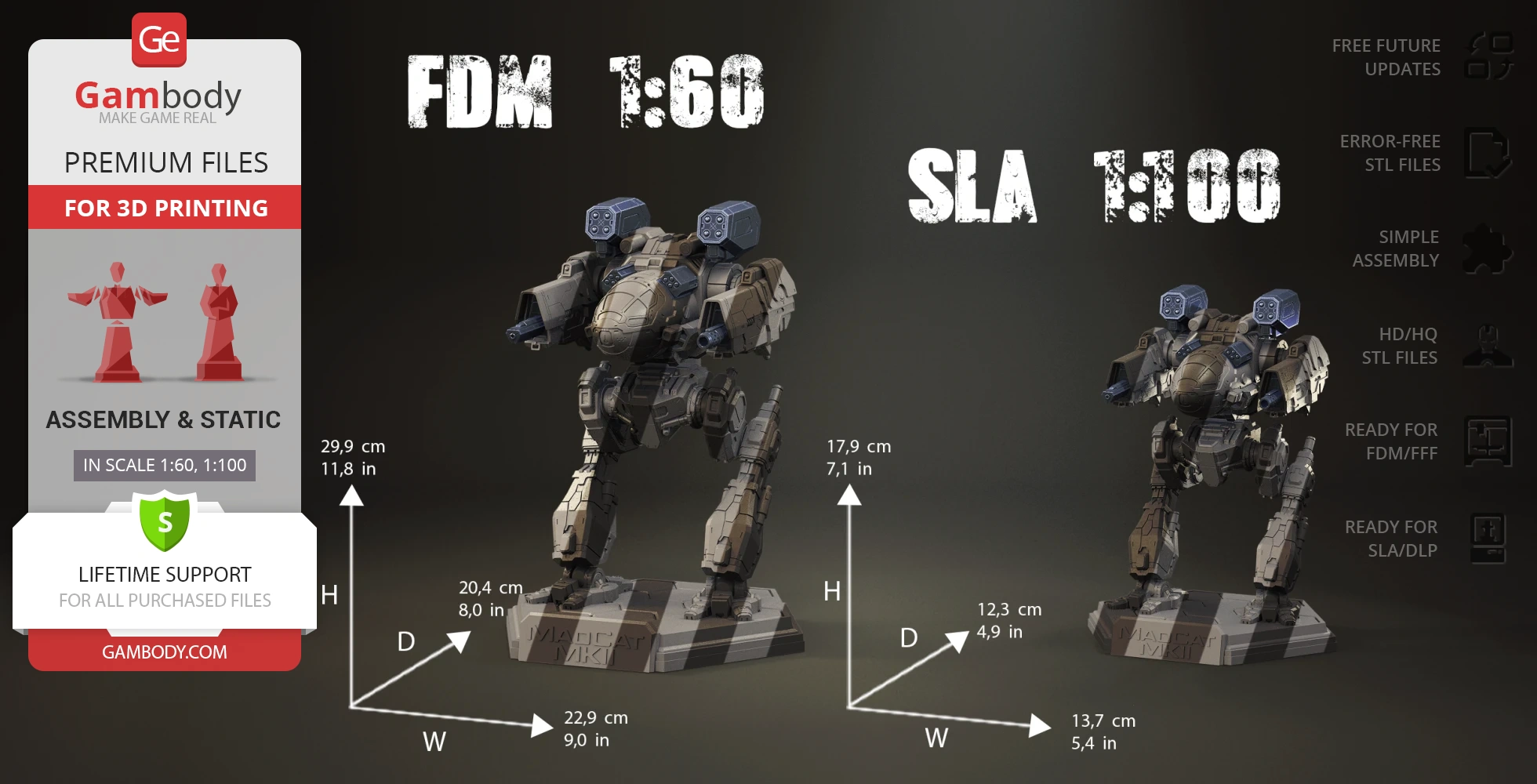 3D model of Mad Cat MkII Mech with weapon pack, displayed in two scales for FDM and SLA printing.