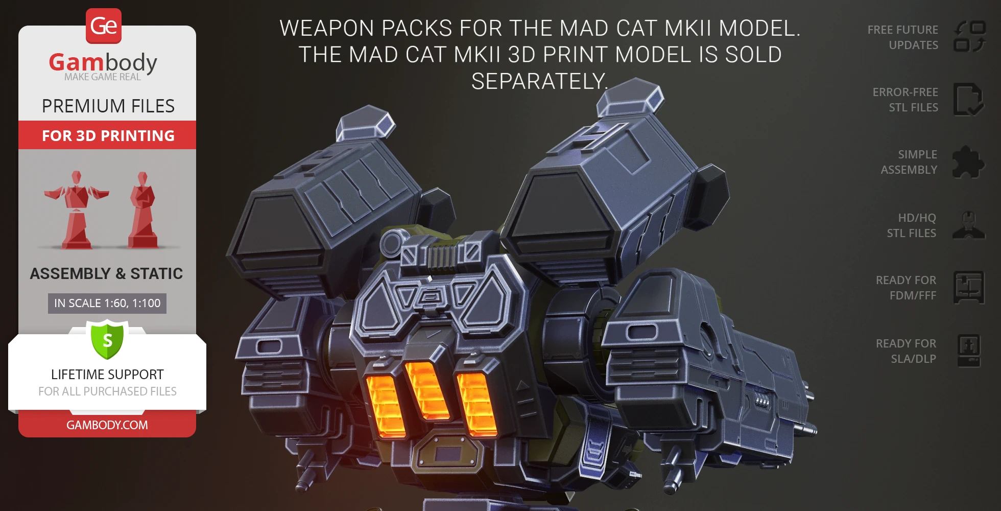 3D model of Mad Cat MkII mech weapon pack with intricate details and glowing orange vents.