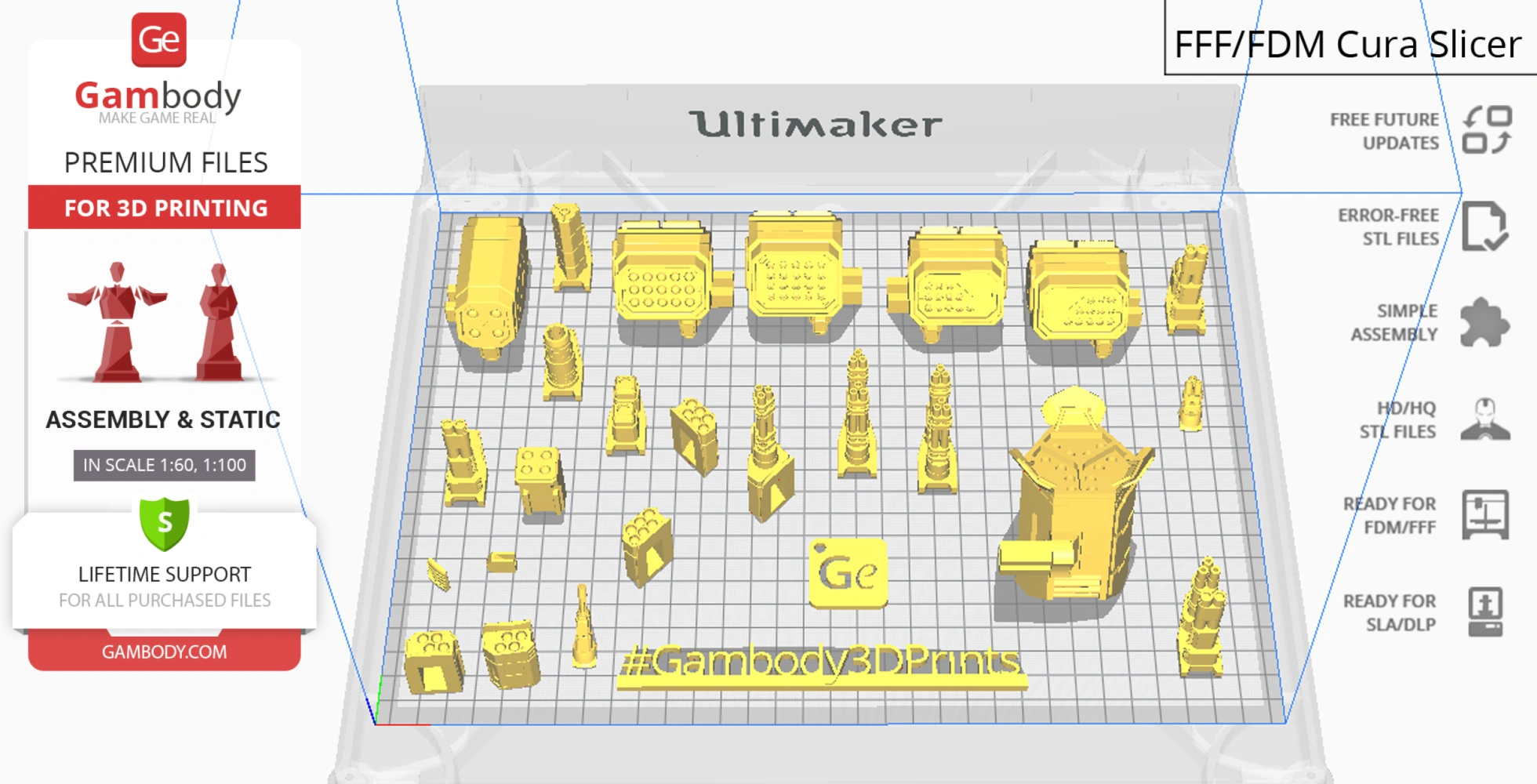 A 3D model set of mech parts for printing, displayed on a grid in Cura slicer software.