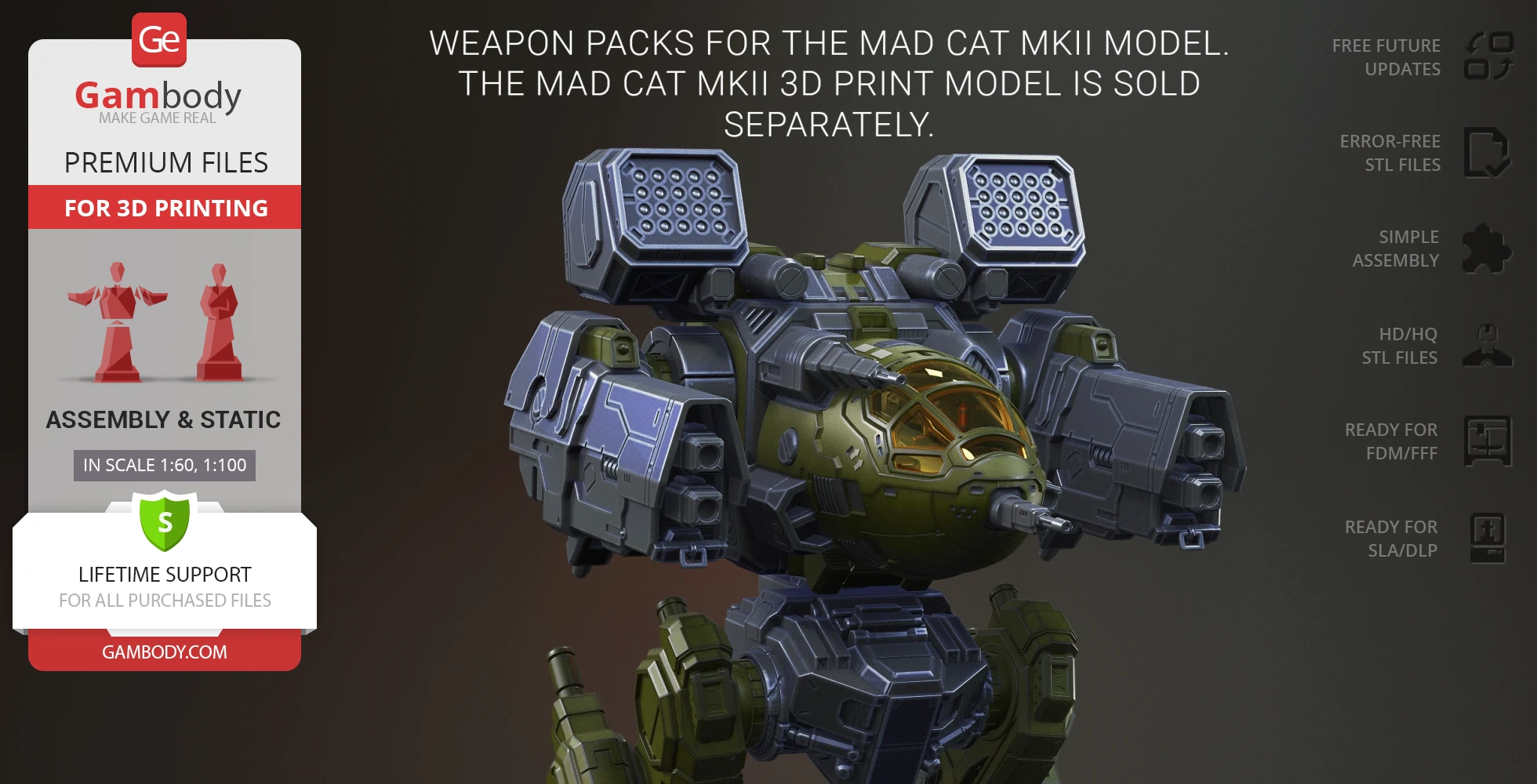 A detailed 3D model of Mad Cat MkII mech, featuring missile launchers and heavy armor.