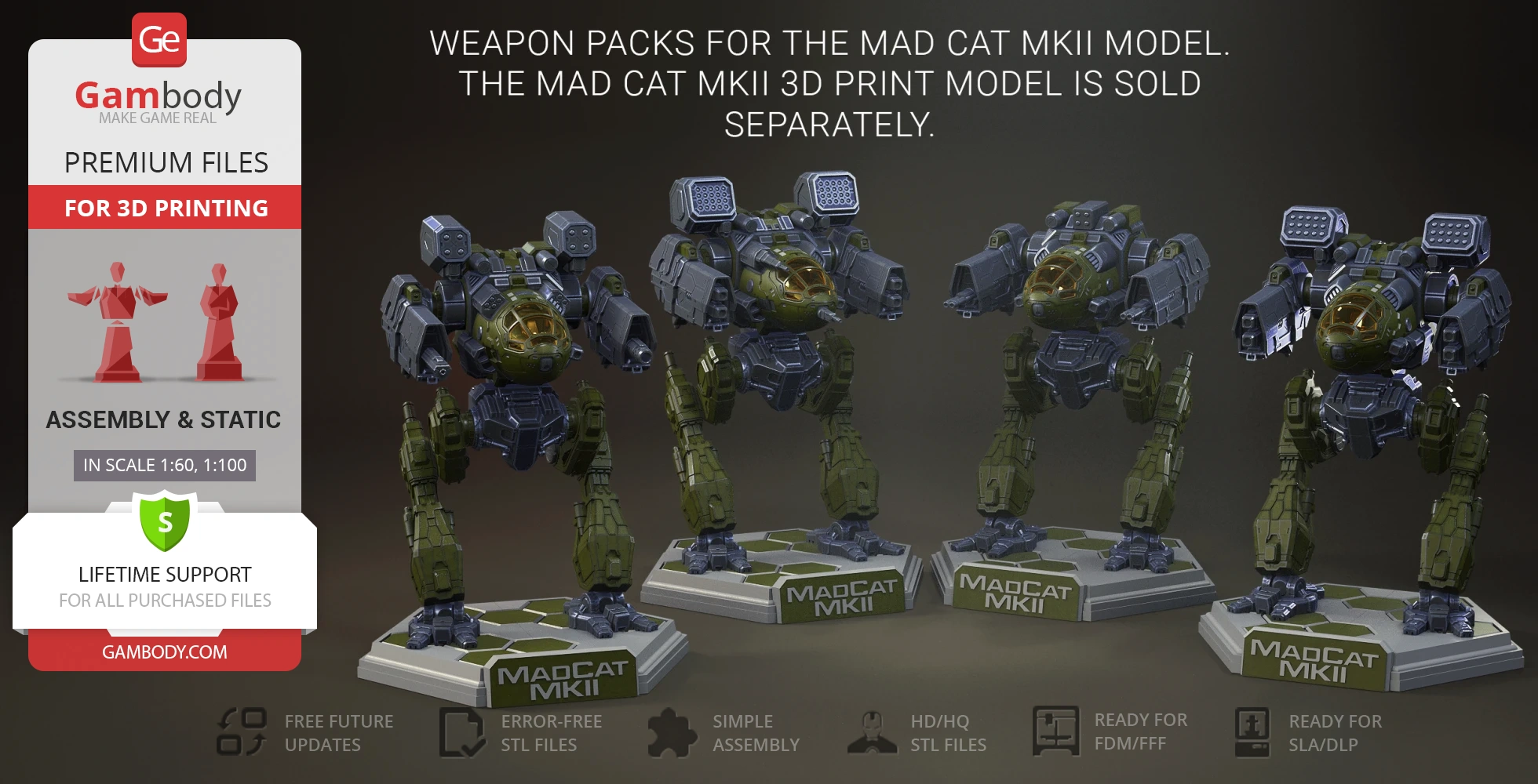Four detailed Mad Cat MkII mech 3D models with various weapon packs for 3D printing.