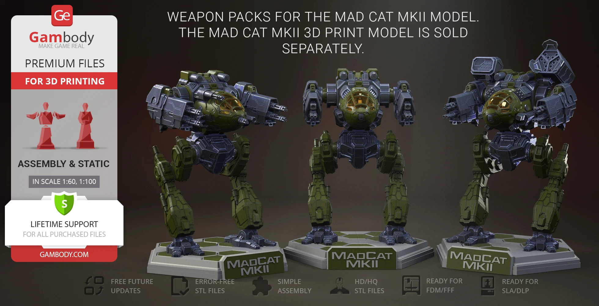 Three detailed Mad Cat MkII mech models on stands, showcasing weapon variations for 3D printing.