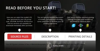 Text instructing 3D model downloads and printing; background shows parts of a mechanical robot.