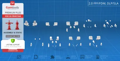 Arrangement of 3D printable mech weapon parts on a blue grid background with Gambody branding.