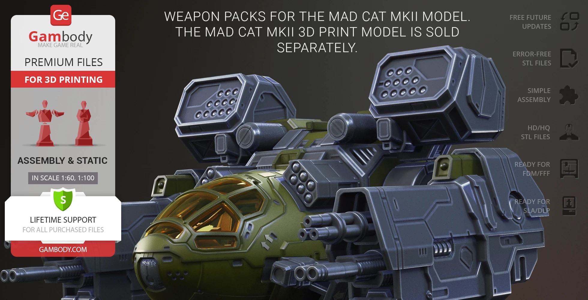 Mad Cat MkII weapon pack featuring intricate 3D mech model parts for printing from Gambody.