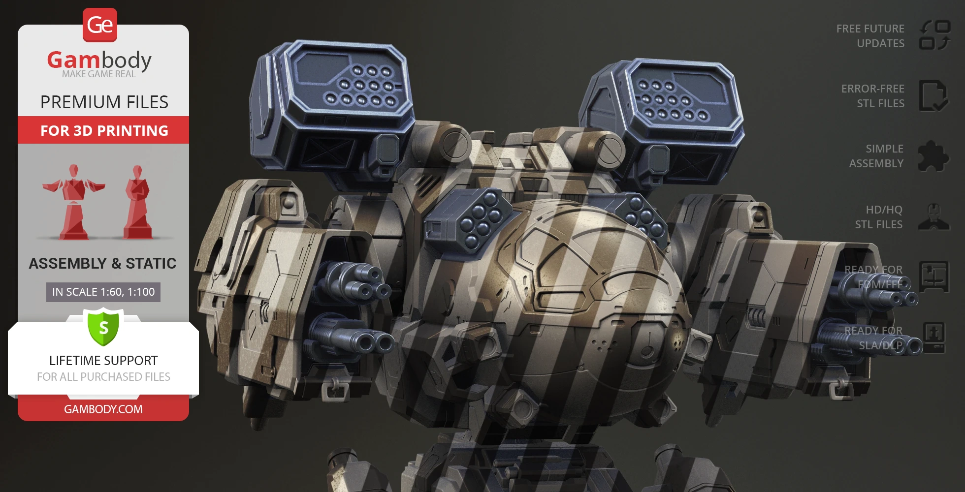 A detailed 3D model of a mech with various weapons, featuring a camo pattern and futuristic design elements.
