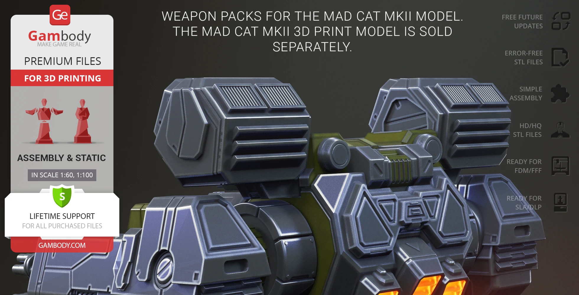 Detailed 3D model of Mad Cat MkII mech weapon packs for 3D printing, featured by Gambody.
