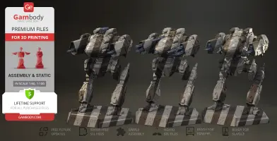 Three detailed mech models for 3D printing, labeled 'Mad Cat MkII,' showcasing weapons and armor.