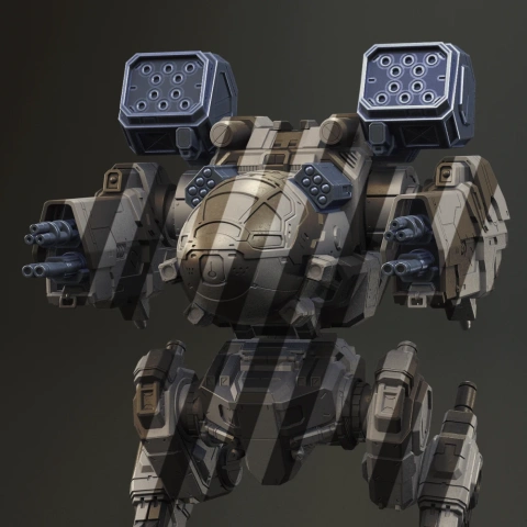 3D model of a mech with various colorful weapon parts displayed, adapted for 3D printing.