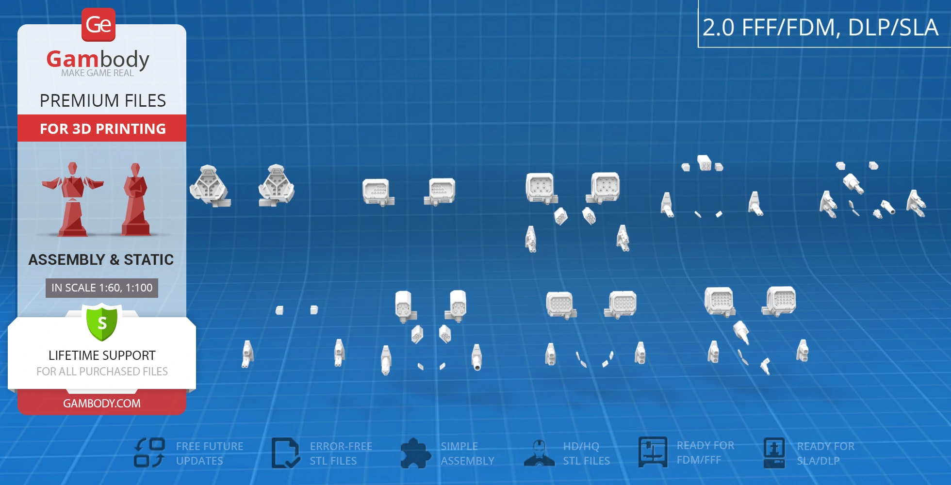 Arrangement of 3D printable mech weapon parts on a blue grid background with Gambody branding.