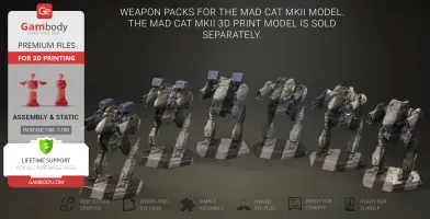 Five detailed Mad Cat MkII mech model variations with weapon packs on display stands.