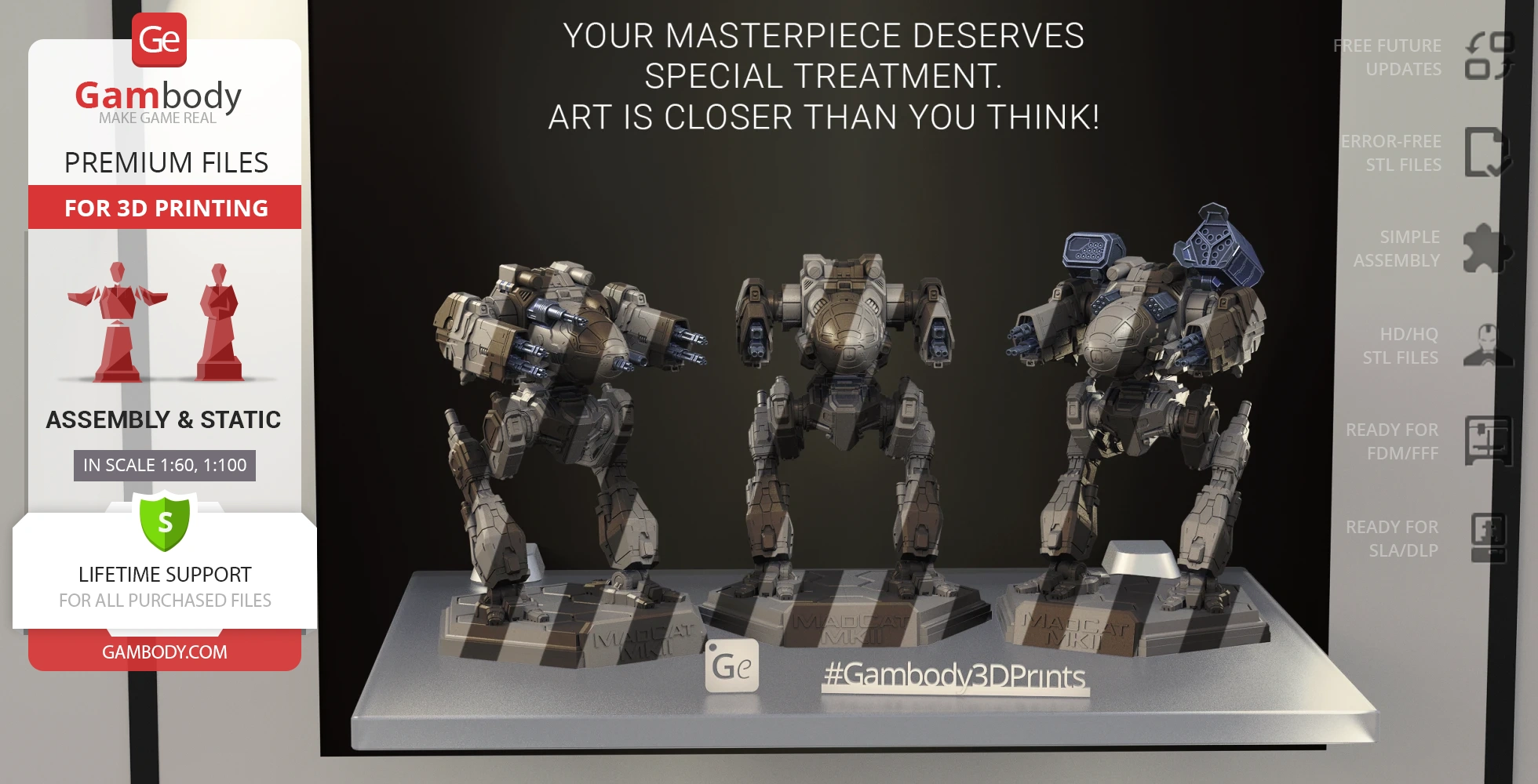 Three detailed Mech 3D models on display stands, showcasing weapon packs for 3D printing.