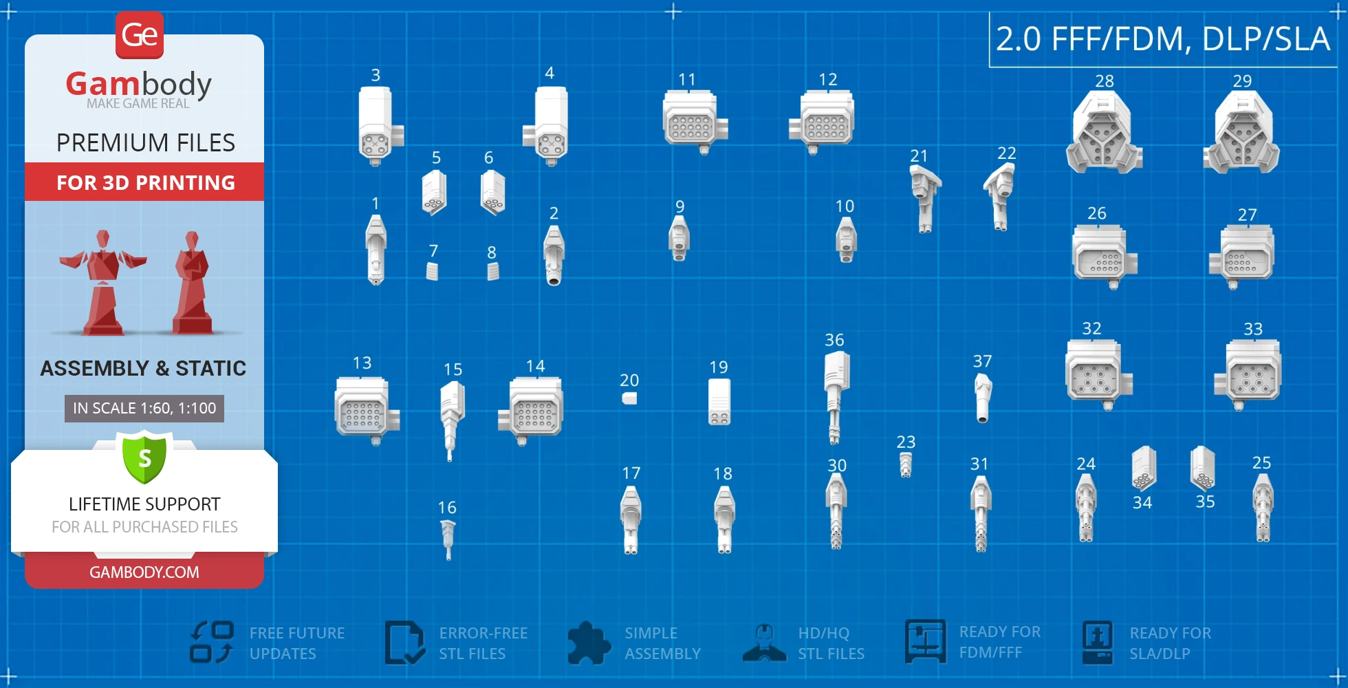 Collection of 3D mech weapon parts on a blueprint-style background for printing and assembly.