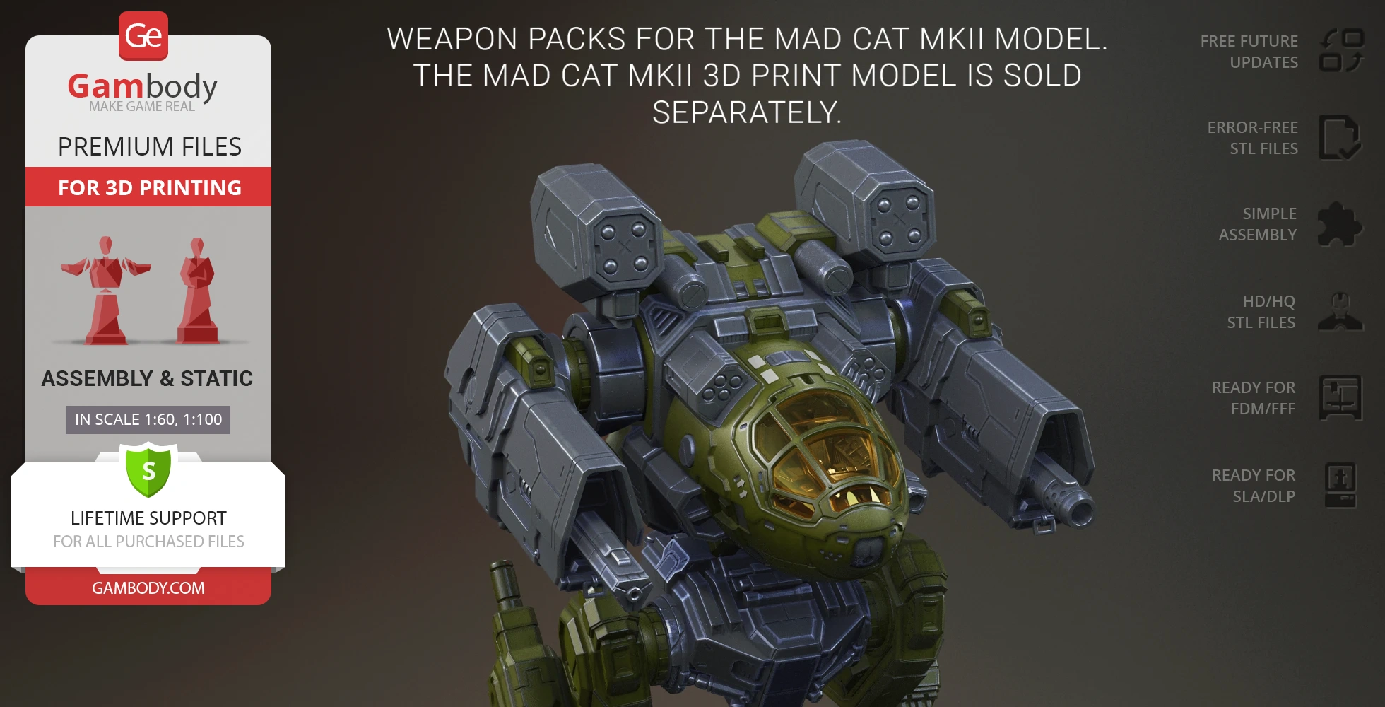 Armored mech model with weapons and intricate details, designed for 3D printing, titled Mad Cat MkII.