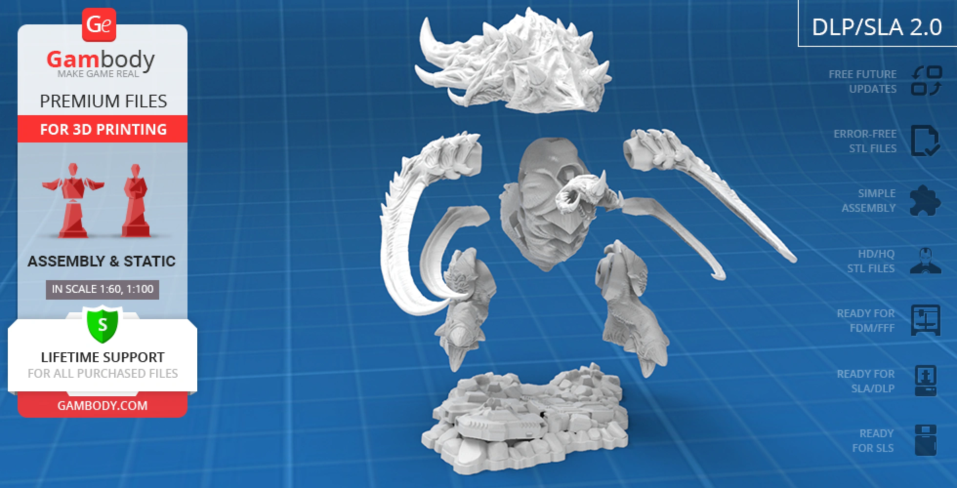3D model of a disassembled Ultralisk from StarCraft, ready for 3D printing, displayed on a blue grid.